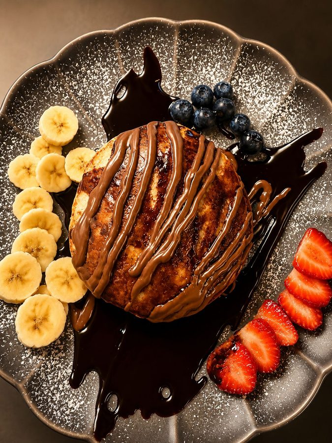 Panqueque con chocolate, plátano, fresas y arándanos