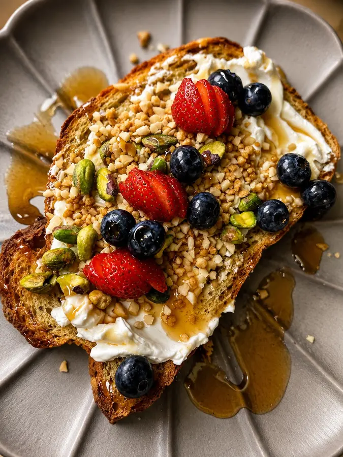 Tosta con queso crema, frutos rojos, pistacho y miel